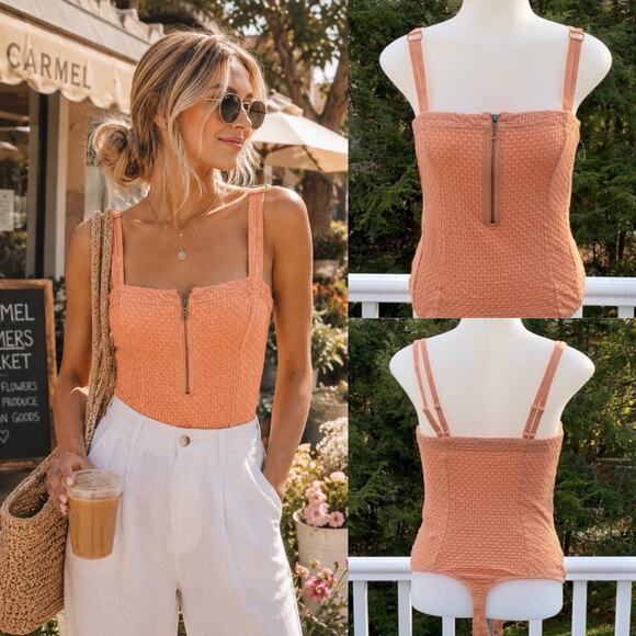 Free People Tops - Free People Waffle Bodysuit Peach/Light Coral XS Boho Beachy Resort Casual 🍑🌊